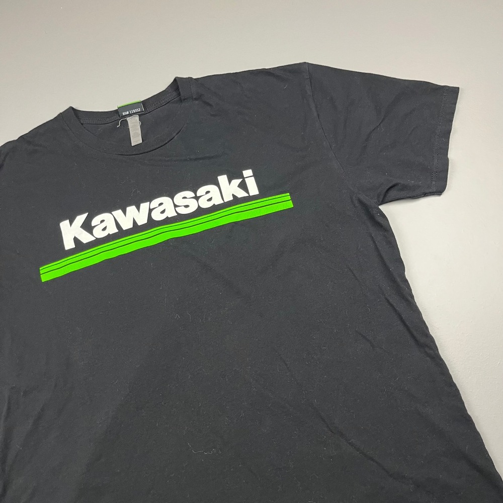 Vintage Kawasaki T Shirt Mens XL Black Graphic Logo Racing Stripe Short Sleeve